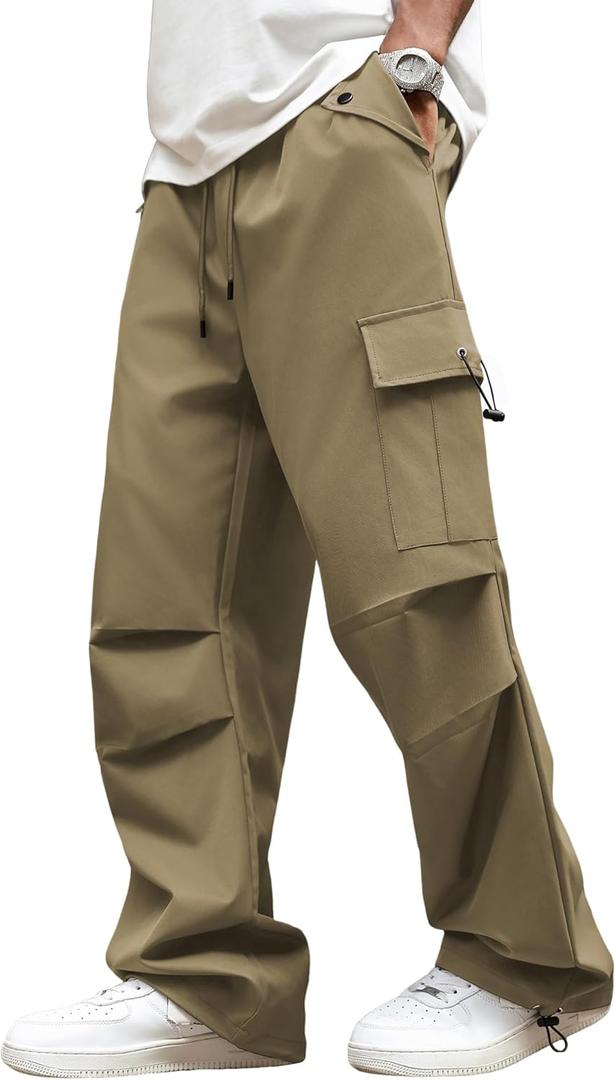 ZAFUL Baggy Cargo Pants for Men Casual Stretch Elastic Drawstring Parachute Pants Loose Fit Joggers with Multi Pockets (X-Large, Deep Khaki)