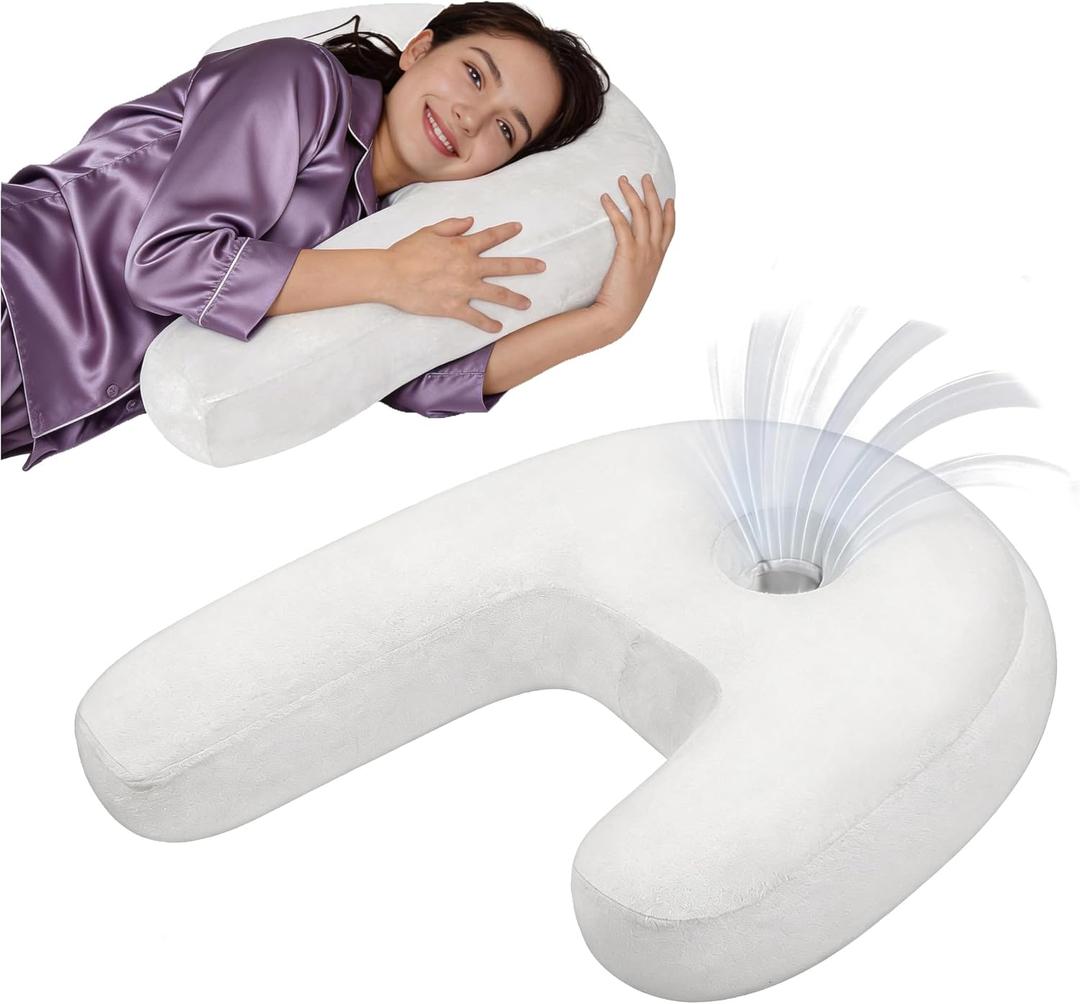 Ear Piercing Pillow - Side Sleeper Body Pillow with Ear Hole for Pain Relief, J-Shaped Ergonomic Support, 20x26 Inches (White)