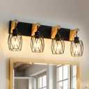 Farmhouse Vanity Light Fixture, 4-Light Wood Bathroom Lighting With Cage Metal Lampshade for Mirror