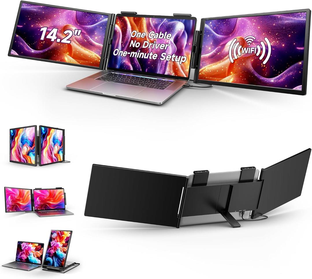 One Cable No Driver Laptop Screen Extender,14" FHD 1080P IPS Portable Monitor,1-Min Setup USB-C Plug and Play, Ultra-Slim Triple Screen Attachment for 12-15.6" Laptops Windows/ MacOS/ Android (14 FHD)