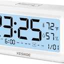 KESHIDE Night Light Digital Alarm Clock Battery Operated with Indoor Temperature Humidity, Desk Small Clock,Snooze Model,12/24H Display for Bedrooms Heavy Sleepers Kids Travel Bathroom (White)
