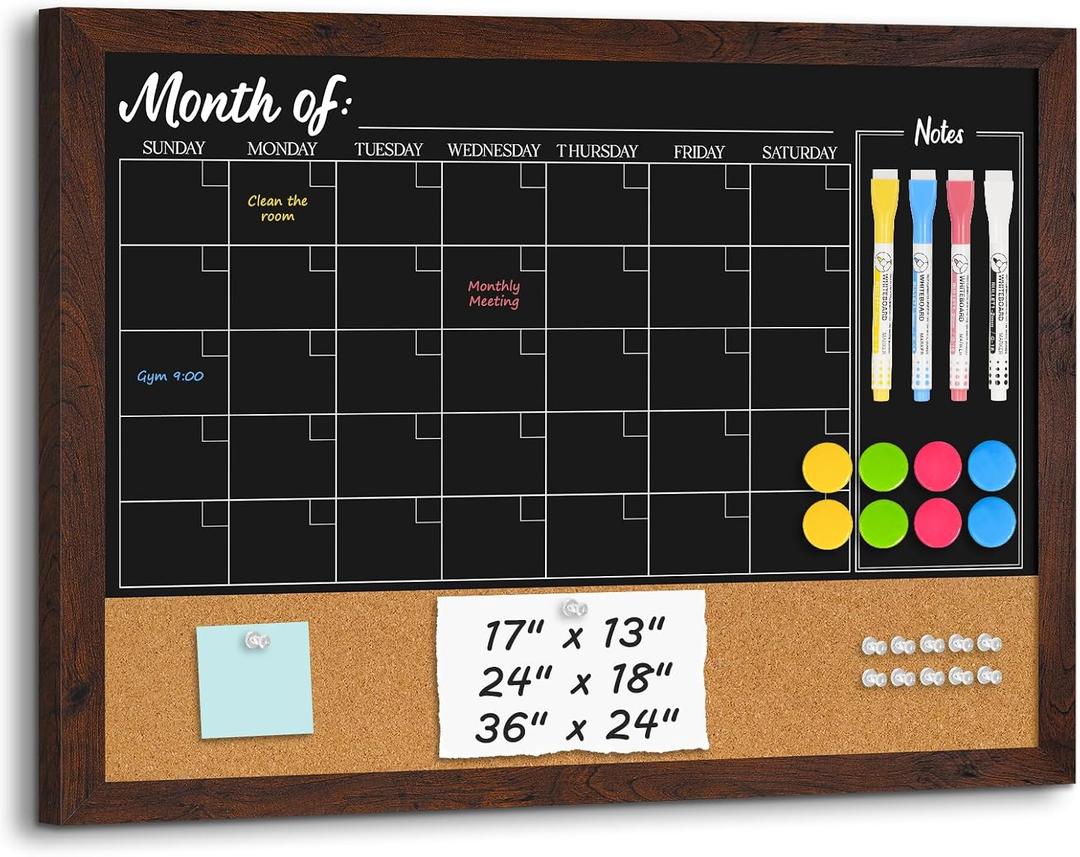 4 THOUGHT Chalkboard Calendar Corkboard Combo 36" x 24", Rustic Brown