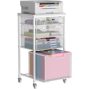 4 Drawer Rolling File Cart with Wheels, Mobile Filing Cabinet for Home Office, Hanging File Organizer, Under Desk Storage, Multifunctional Utility Cart Printer Stand, White (Patent Pending)