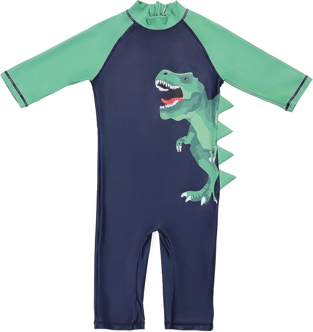 LIZENS Boys Rash Guard Shirts One Piece Swimwear Green Dinosaur Short Sleeve UPF50+ Sun Protection Swimsuit (6-7 Years)