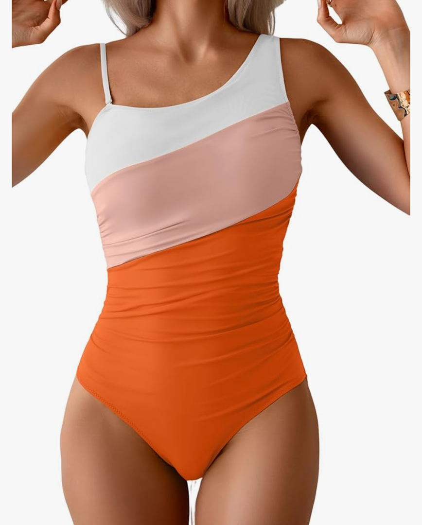 One Shoulder One Piece Swimsuit for Women Tummy Control Bathing Suits Color Block Ruched Swim Suit Slimming Swimwear S