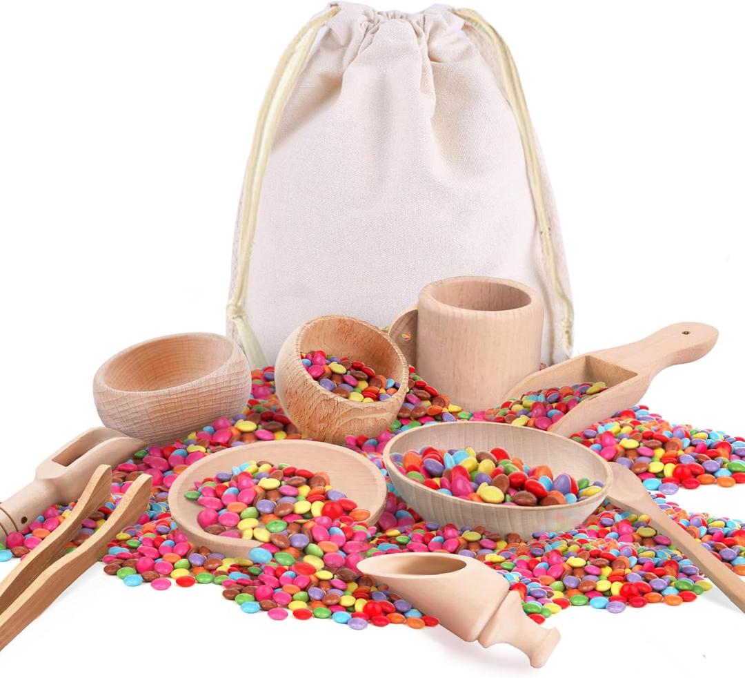 Yowlieu 10 Pcs Wooden Sensory Bin Tools for Toddlers & Preschool Children, Montessori Sensory Wooden Toys Fine Motor Learning Pretend Play Sensory Tools for Kids