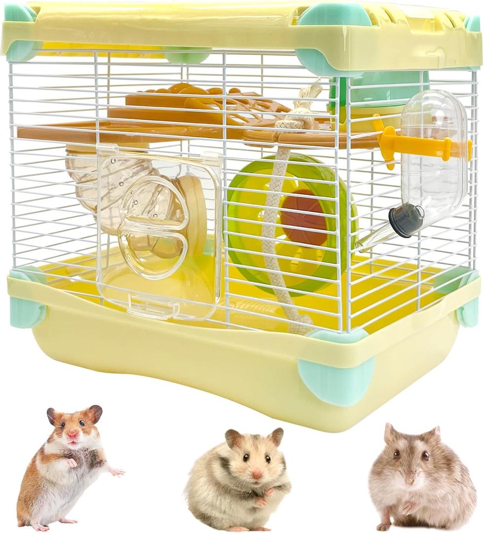 Hamiledyi Portable Hamster Cage 2 Layers Dwarf Hamster Habitat 10.90L*8.07W*9.84H Small Animal Travel Cage with Exercise Wheel Hamster Enclosure Mouse Cage for Hamsters Mice Gerbils Tiny Pets (Yellow)