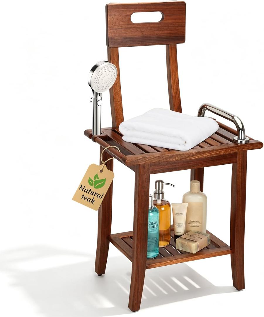 Shower Stool with Shelf and Handrails, Solid Water-Resistant Teak Shower Stool, Easy to Assemble, 300 lbs Capacity, 18.5 Inches, Ideal for Seniors, Kids & Those with Mobility Needs