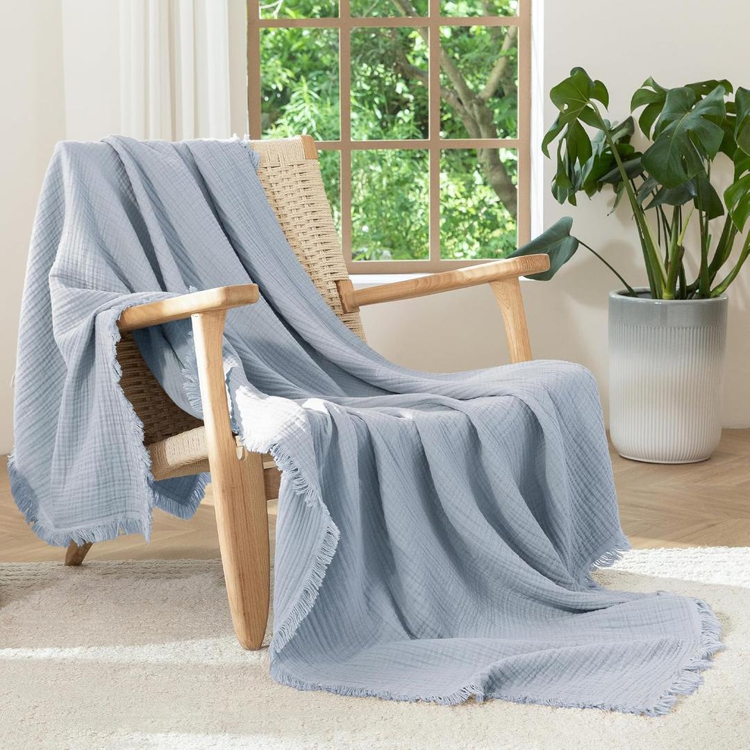 MooMee Muslin Blanket - 100% Cotton 4-Layer Gauze Throw Blanket with All-Around Fringe, Soft Breathable Lightweight Cooling Summer Blankets for Bed Couch(Dusty Blue,Throw XL 50" x 70")