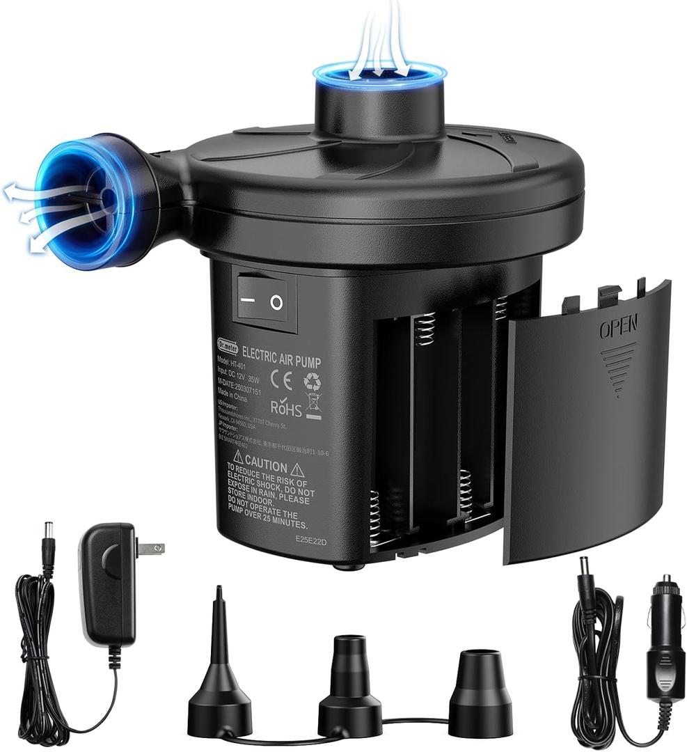 Air Mattress Pump, 3 Ways Powered Portable Electric Air Pump with 3-Nozzle AC 110V, DC 12V, Battery Operated Quick-Fill Inflator Deflator for Inflatable Pool Float Air Bed Boat Swimming Ring