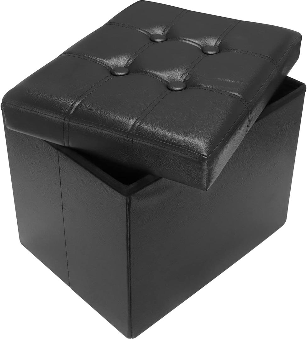 AmasSmile Storage Ottoman Folding Foot Rest Stool, Leather Footstool Bench, Short Ottoman Stool, Storage Foot Rest Store, Books (Black, 17" D x 13" W x 13" H)
