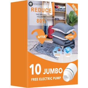 10 Jumbo Vacuum Storage Bags with Electric Pump, Space Saver Bag for Clothes, Mattress, Blanket, Duvets, Pillows, Comforters, Travel