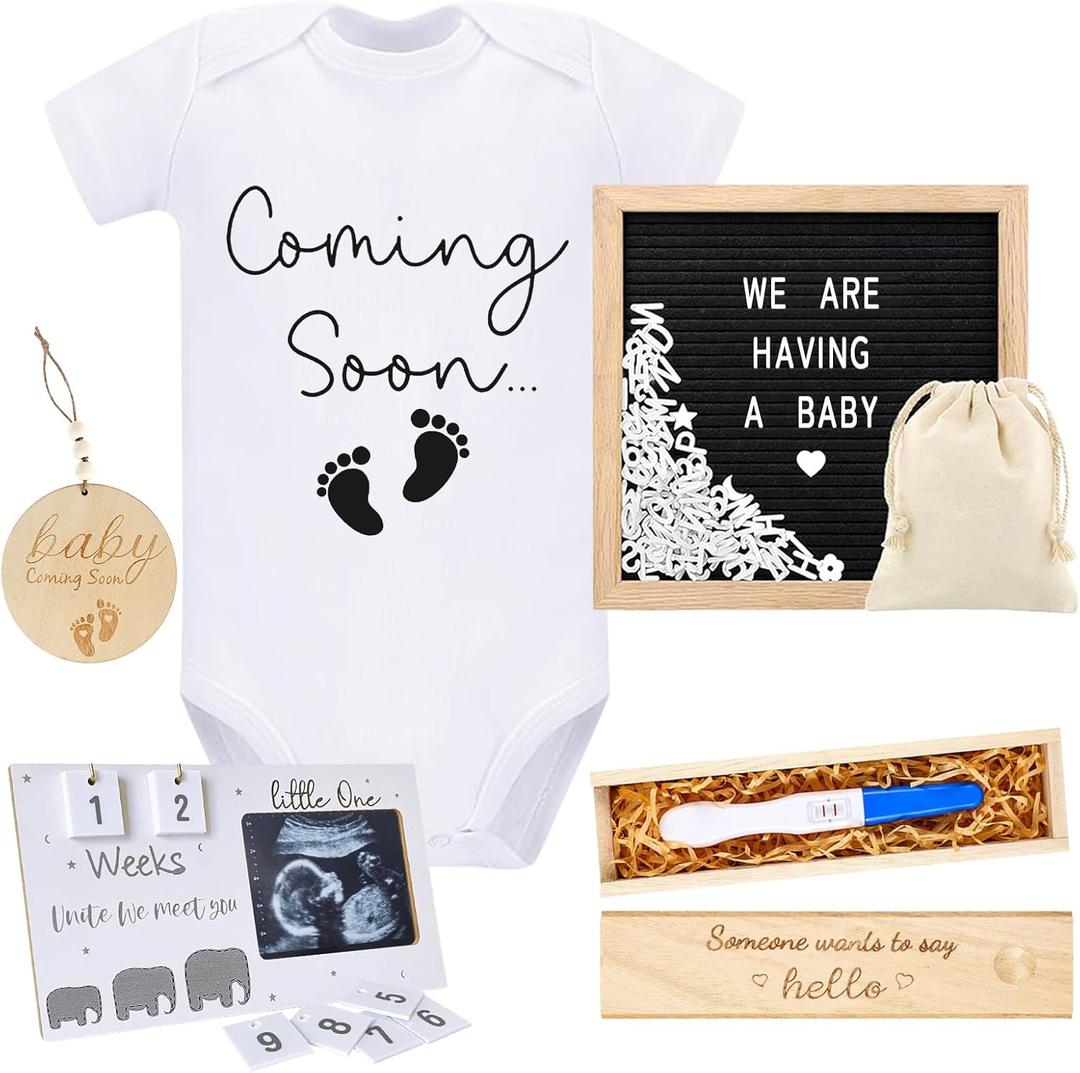 AryiHitt Pregnancy Reveal Kit Ideas Include Felt Letter Board Sonogram Picture Frame Baby Bodysuit Pregnancy Test Keepsake Wooden Box and Wood Sign Coming Soon Announcement Baby Announcement Props