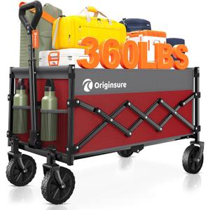 Originsure Collapsible Wagon Cart Foldable - Lightweight Portable Heavy Duty Folding Beach Wagons with Wheels - Outdoor Utility Carts for Grocery, Camping, Shopping with Large Capacity - Grey&Red