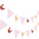 Chicken Themed Pennant Banners Chicken Birthday Party Decorations 2PCS Pink Checkered Chicken Banner Barnyard Farm Animal Theme Baby Shower Decor for Girls Little Chick Bday Supplies