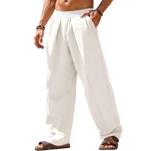 Runcati Mens Casual Linen Pants Elastic Waist Summer Beach Yoga Trousers (White)