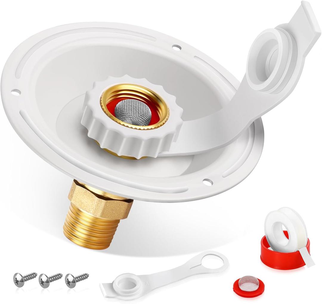 RV City Water Fill Inlet Flange Check Valve Water Hookup Connector 3/4 NH Female to 1/2 NPT Male Mount Lead-Free Brass Flush RV Water Backflow Preventer with Dust Plug for RV Camper Motorhome (White-big flange)