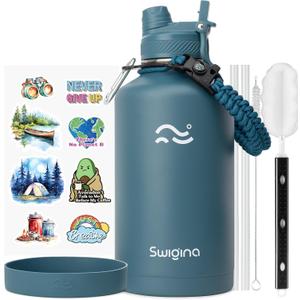 Swigina [2-IN-1 LID] 64 oz Insulated Water Bottle with Silicone Boot (48hrs Cold/24hrs Hot) - DIY Stickers, Leakproof, BPA Free, Half Gallon (Cyan)