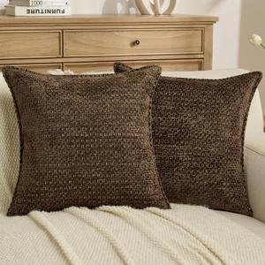 FUTEI Pack of 2 Solid Chenille Throw Pillow Covers 18x18 Inch Soft Grainy Textured Decorative Cushion Cases Modern Farmhouse Accent for Couch Bed Living Room, Dark Brown