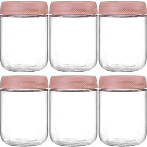 NETANY 6-pack 16oz Glass jars with Airtight Lids, Overnight Oats Containers with Lids, Wide mouth Mason Salad jars, Glass Food Storage Containers for Snacks Yogurt Spice Sugar-Pink