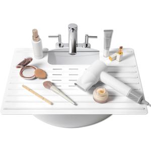 Maplefield Bathroom Sink Cover & Silicone Makeup Mat - White, 22 x 2 x 2 In - Heat Resistant to 400F - Foldable Roll-Up Design with Raised Ridges - Space-Saving Countertop Mat, Large