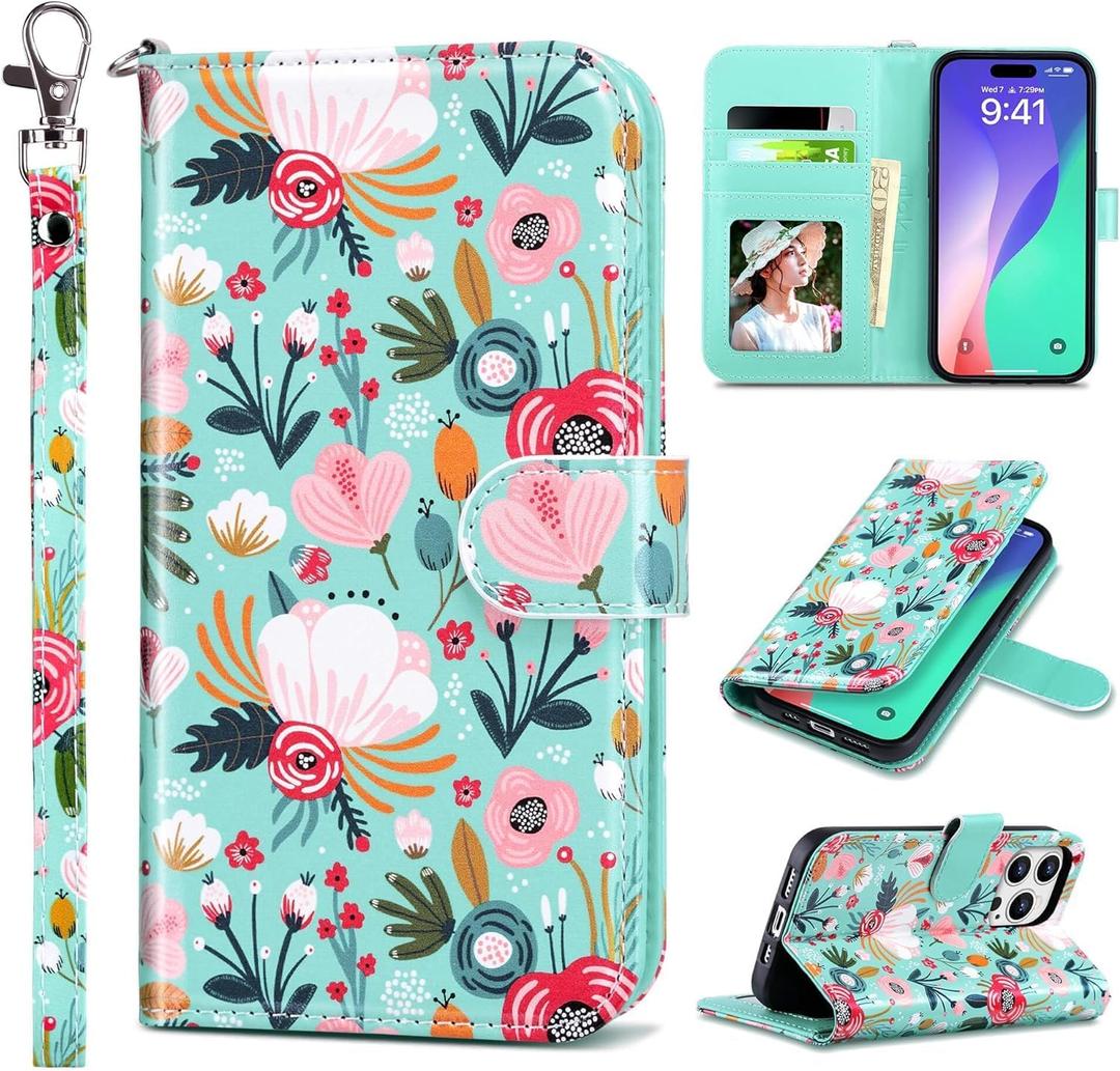 ULAK Compatible with iPhone 16 Pro Max Wallet Case with Card Holder, [RFID Blocking] PU Leather Case with Kickstand Card Slots Wrist Strap, Durable Shockproof Protective Cover 6.9 Inch, Mint Floral