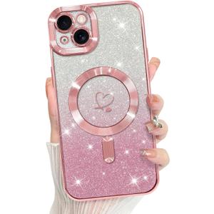 Bonoma Compatible with iPhone 15 Case Support for MagSafe, Plating Heart Glitter Magnetic 2* Screen Protector TPU Camera Protection Back Cover for Girls Women -Pink