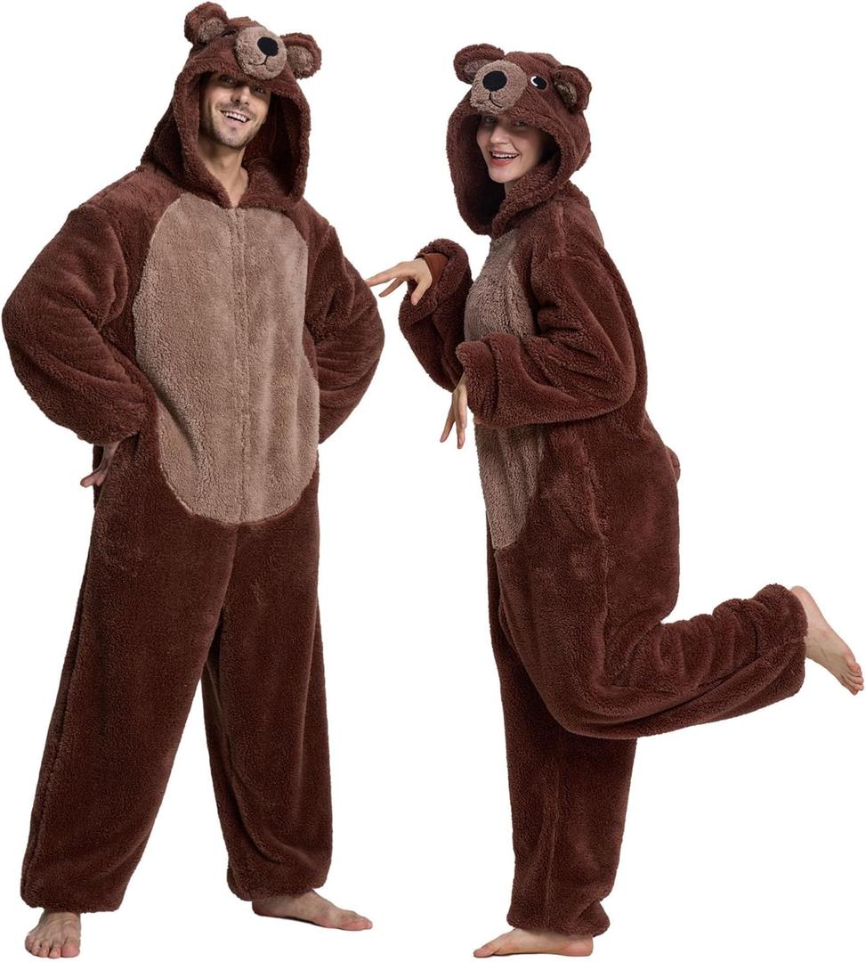 Unisex Adult Onesie Pajamas Animal Cosplay Halloween Costume One Piece Plush Sleepwear Homewear(Brown Bear-XL)