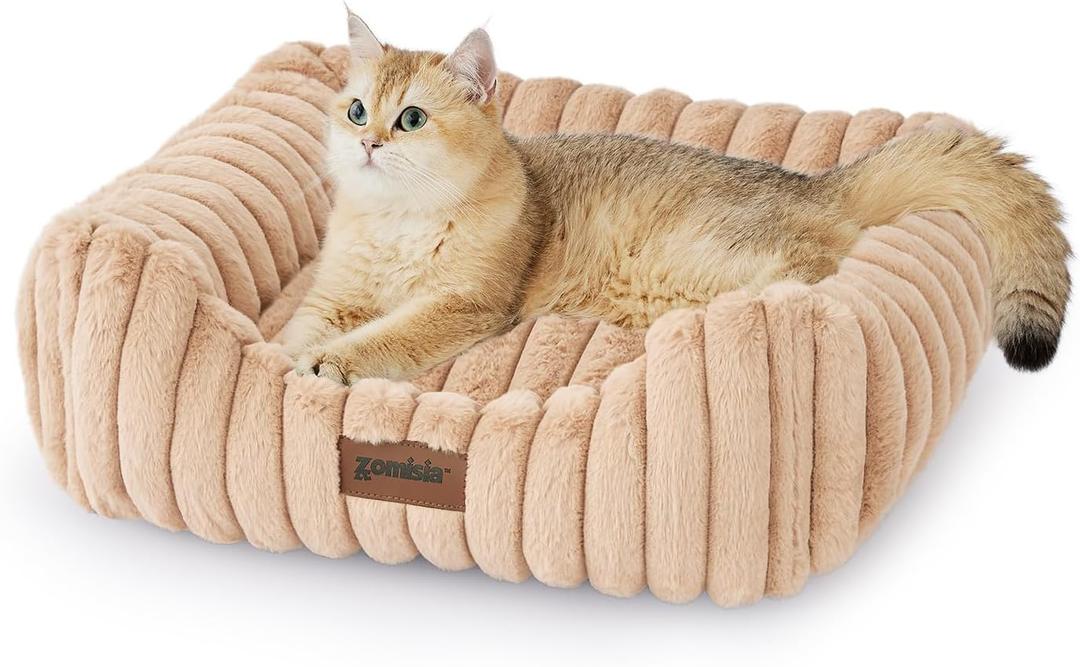 Small Dog Beds for Small Dogs - Washable Cat Beds for Indoor Cats, Rectangle Orthopedic Puppy Bed with Fluffy Removable Cover, 20x19x7inches, Beige