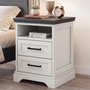 DUMOS Farmhouse Nightstand with Charging Station & USB Ports, 2-Drawer