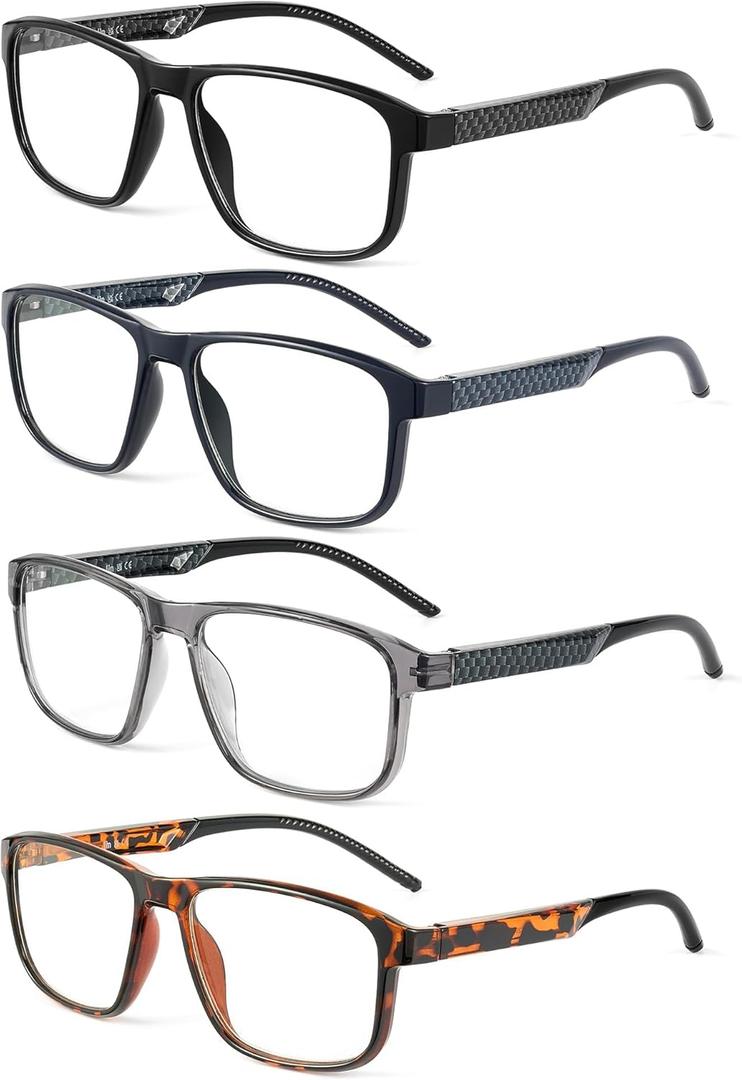 JM Reading Glasses Men with Blue Light Protection, Rectangular Classic Computer Readers Eyeglasses with Spring Hinge 4 Packs