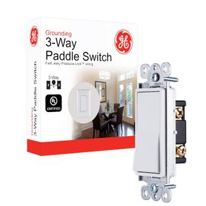 GE Paddle Rocker 3 Way Switch - Replacement for Light & Fan Switches, Grounding, UL Listed White 18233