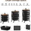 Rolling Cart with 3 Drawers, Plastic Drawer Storage Carts with Lockable Wheels & Wooden Tabletop, Metal Utility Cart Organizer, Office Bedroom Classroom Craft Organization and Storage, Dark Black