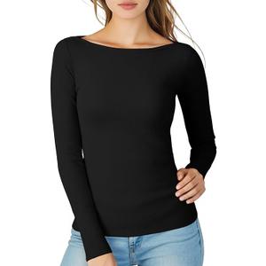 Womens Seamless Boat Neck Tops Casual Layering Long Sleeve Shirts Basic Fitted Spring Fall Clothes 2025 (Small, Black)