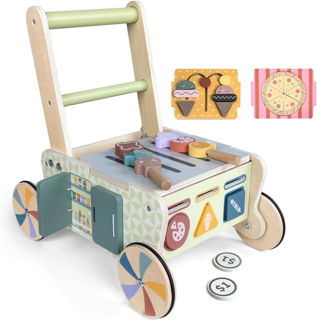 Baby Walker with Wheels Wooden Push Walker 12 Months+ Toddler Walking Toy Adjustable Speed Multiple Learning Sensory Activity Center Baby Learning to Walk Montessori Toys for 1 Year Old Girl/Boy Gift