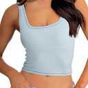 Danysu Women's Tank Tops with Bulit in Bras Scoop Neck Ribbed Fitted Knit Crop Halter Tops Spaghetti Strap Camisole, size L