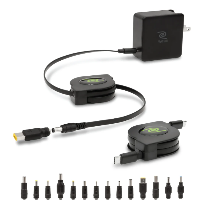 ReTrak 67 W Retractable Universal Laptop Charger and Power Adapter with 14 Tips