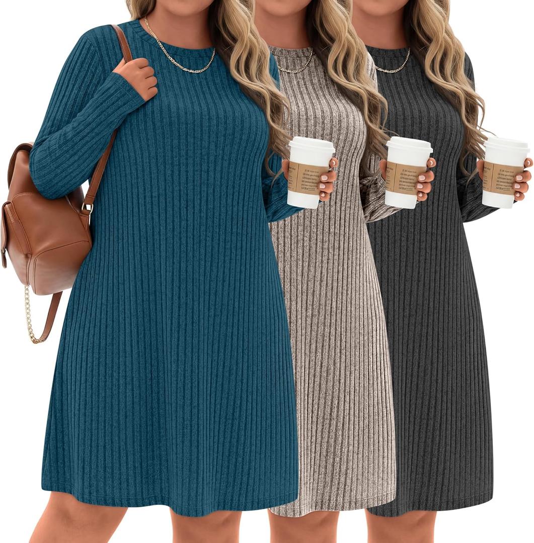 3 Pack Women's Plus Size Sweater Tunic Dresses, Long Sleeve Crew Neck Knit Dresses Loose Fit for Casual Fall Winter (XX-Large, Carbon Black, Light Coffee, Peacock Blue)