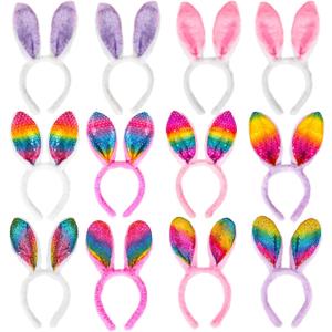 MGparty 12 PCS Easter Bunny Ears Headbands Colorful Rabbit Ear Hairband for Easter Party Decoration for Kids and Adult