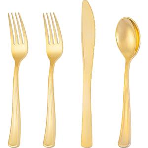 300 Pieces Gold Plastic Silverware - Heavy Duty Disposable Cutlery Set - Gold Disposable Utensils Include 150 Forks, 75 Spoons, 75 Knives for Dinner, Parties, Weddings