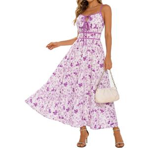 GRACE KARIN 2026 Women's Summer Maxi Dresses, Tie Front Floral Boho Dress, Spaghetti Strap Sundress with Pockets, Small