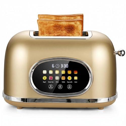Roter Mond 2 Slice Toaster Smart Touch Screen, Retro Stainless Steel Bread Toaster with Digital Timer, Sleep Mode, Bagel, Cancel, and Defrost Functions, 6 Bread Types and Shade Settings, Gold