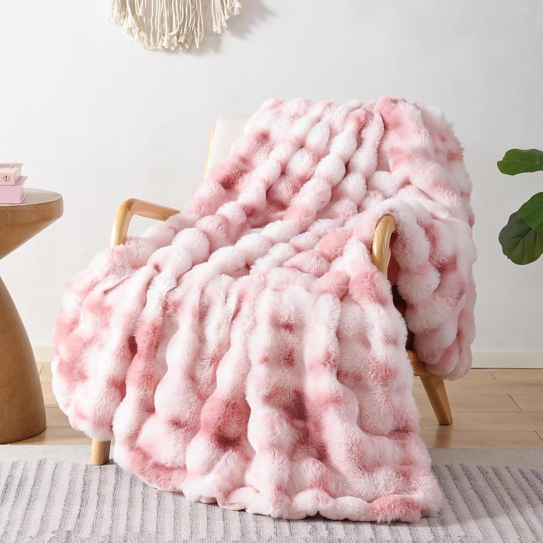 Smoofy Faux Fur Throw Blanket for Couch - Tie-dye Pink Super Soft Cozy Bubble Blanket, Fluffy Plush Fuzzy Throw for Sofa & Bed, Thick Lightweight Warm Blanket, Luxury Aesthetic Gift for Women 60"x80"