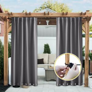NICETOWN 2 Panels Weighted Blackout Curtains for Patio Waterproof, Grommet & Back Tab on Top & Bottom Windproof Blackout Outdoor Curtains for Porch with Bouns Rope for Fixed, Grey, W52 x L84