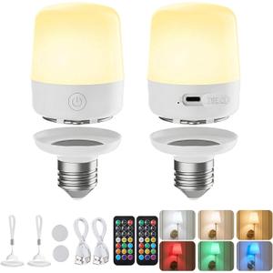 Minetom E26 Rechargeable Light Bulbs with Remote and Timer, Battery Backup Bulb with 12 Colors and Brightness Dimmable, 2300mAh 40W Equivalent LED Light Bulbs for Lamps Sconces Camping, 2 Pack