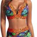 Hanna Nikole Womens High Waisted Bikini Sets Floral Print, 2 Piece Swimsuits Cutout, V Neck Bathing Suits Sexy Swimwear Large