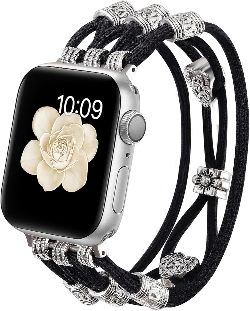 Beaded Bracelet Compatible with Apple Watch Band 38mm 40mm 41mm 42mm (S10) Women, Boho Braided Solo Loop Nylon Strap Dressy Band Cute Fancy Charms Replacement for iWatch Series 10/9/8/SE/7/6/5/4/3 S (A1 Black)