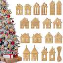 18 Pcs Christmas Wooden House Cutout Ornaments Xmas Tree Wooden Tag Hanging Decoration Double Side Wood DIY Craft Cutout with Ropes Ornaments for Christmas(Small,Wood)