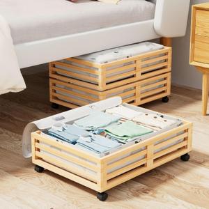 Bamboo Under Bed Storage Containers- Underbed Organizer with Wheels with Large Capacity Dust Bag,Sturdy Wood Rolling Under Bed Shoe Storage Organizer 2 Packs (Nature, 2 Packs (23.62"16.54"))