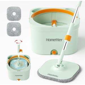 Spin Mop and Bucket with 2 Microfibra Replaceable Mop Pads, Self Separation Dirty and Clean Water System Self Wringing 360 Rotating Square Mop-Head (1 Bucket + 52'' Mop + 2 Microfibra Pads)